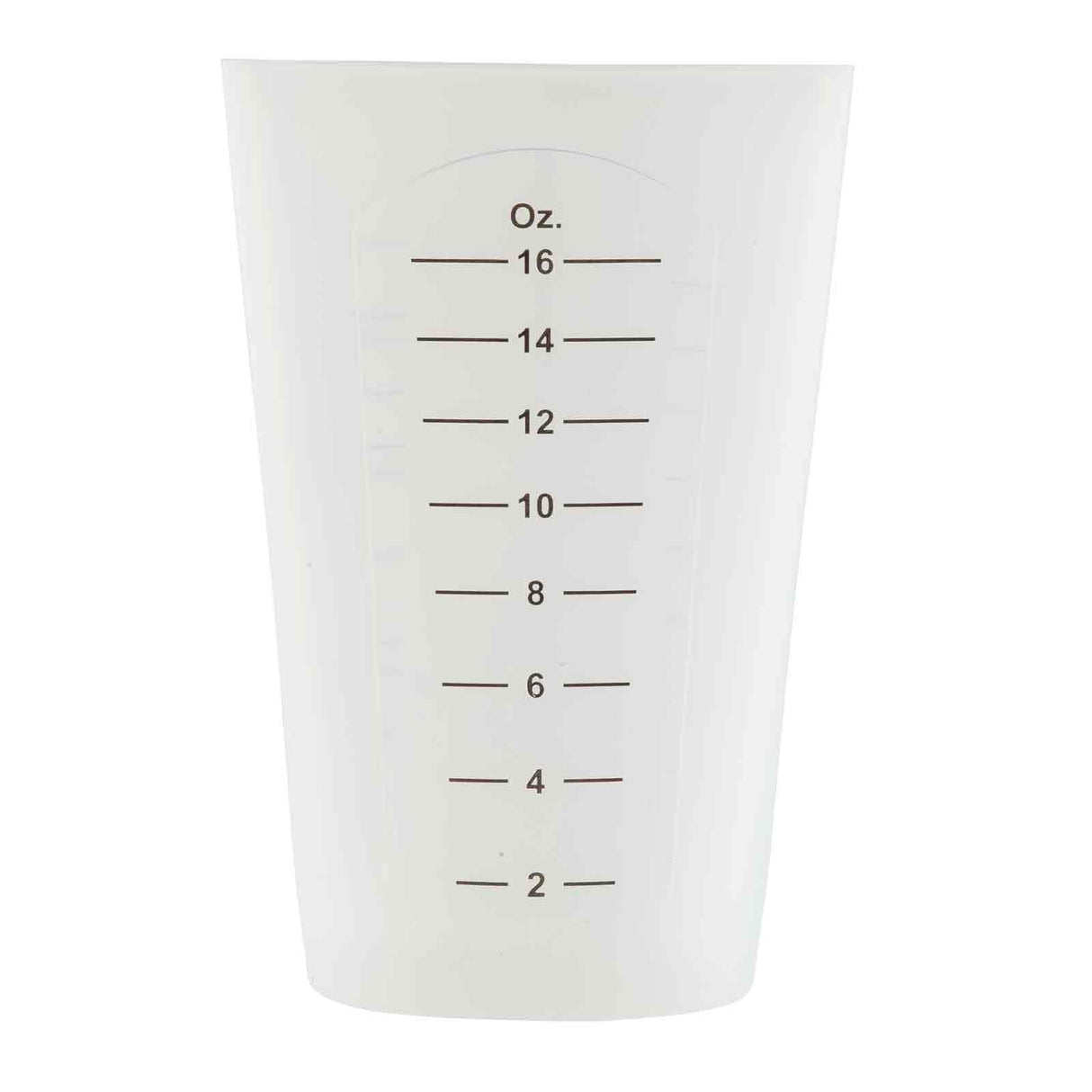 A white plastic measuring cup with black markings from 2 to 16 ounces in 2-ounce increments. Slightly transparent and dishwasher safe, it features a wide opening at the top that narrows toward the bottom.