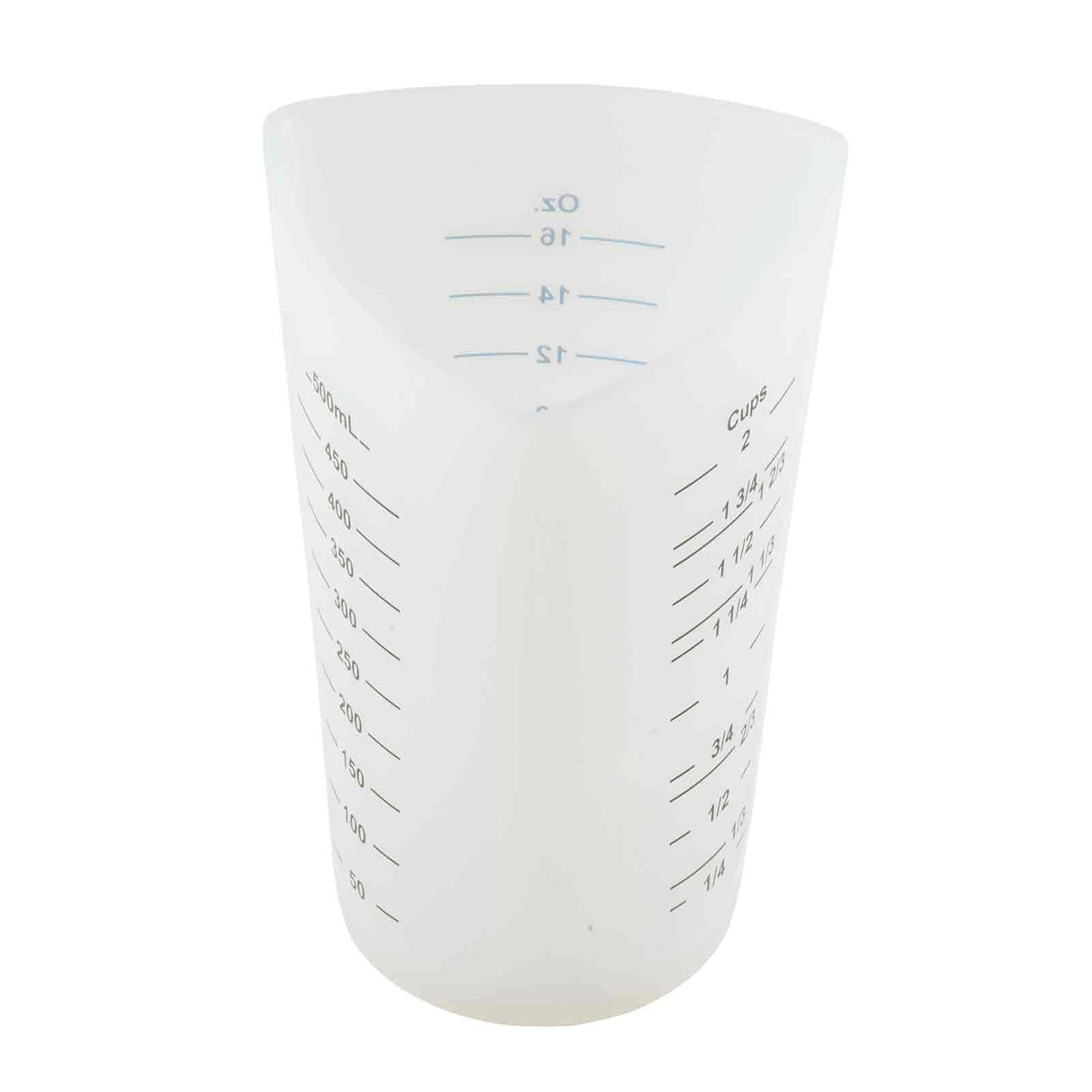 A translucent white silicone measuring cup, dishwasher safe, with blue markings for milliliters, ounces, and cups. It features a wide, rounded opening and a pointed spout for easy pouring.
