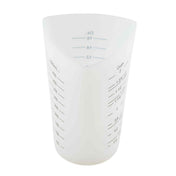 A translucent white silicone measuring cup, dishwasher safe, with blue markings for milliliters, ounces, and cups. It features a wide, rounded opening and a pointed spout for easy pouring.