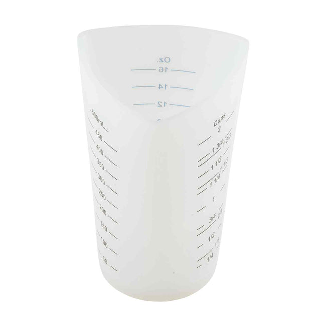 A translucent white silicone measuring cup, dishwasher safe, with blue markings for milliliters, ounces, and cups. It features a wide, rounded opening and a pointed spout for easy pouring.