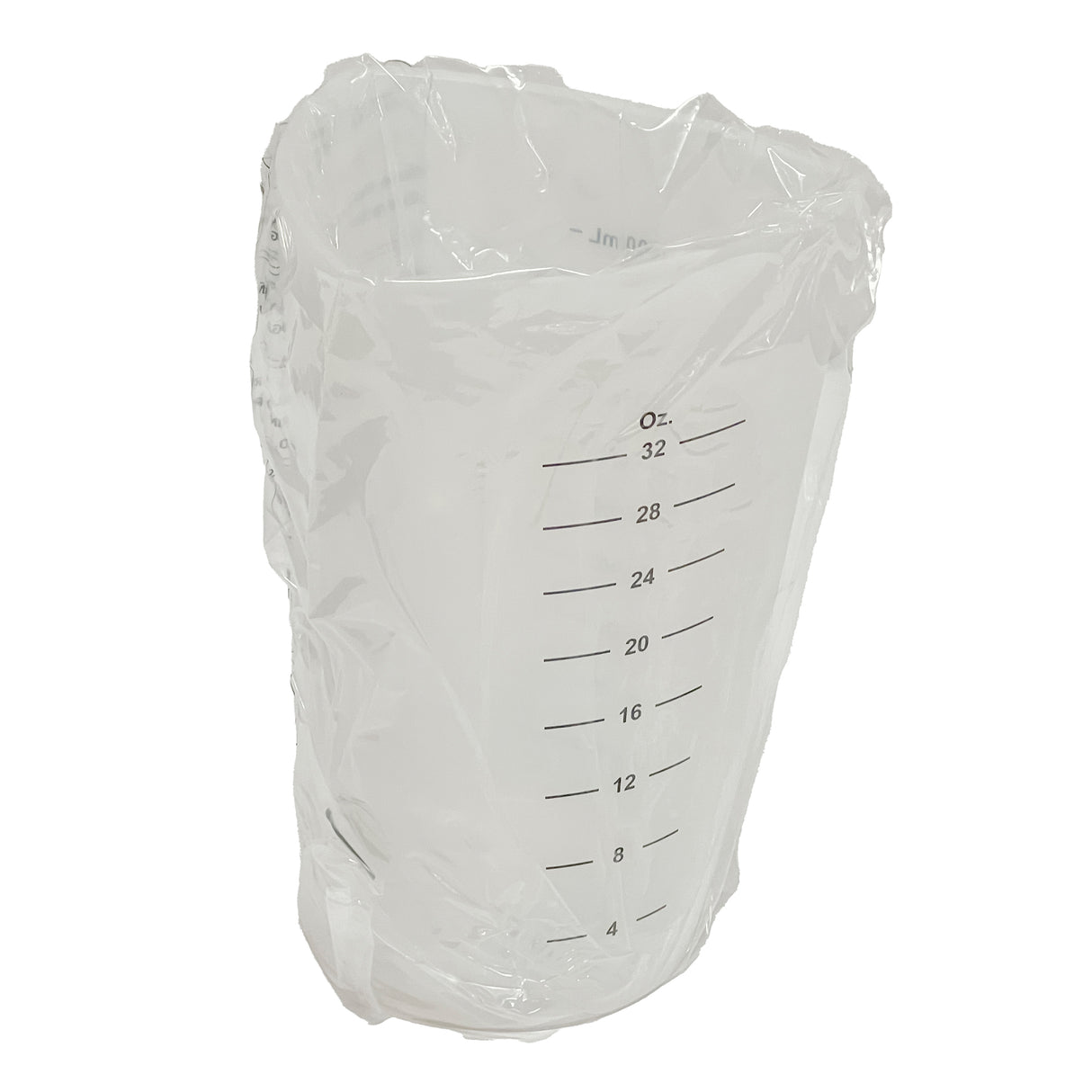 A transparent silicone Measuring Cup lined with a clear plastic bag, featuring black measurement markings in ounces from 4 to 32. This dishwasher safe cup stands upright against a plain white background.