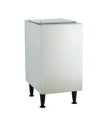 This stainless steel HID312 machine stand features a rectangular design with a flat top lid and four black legs. Its smooth, reflective surface and clean lines offer modern simplicity, making it ideal for contemporary spaces.