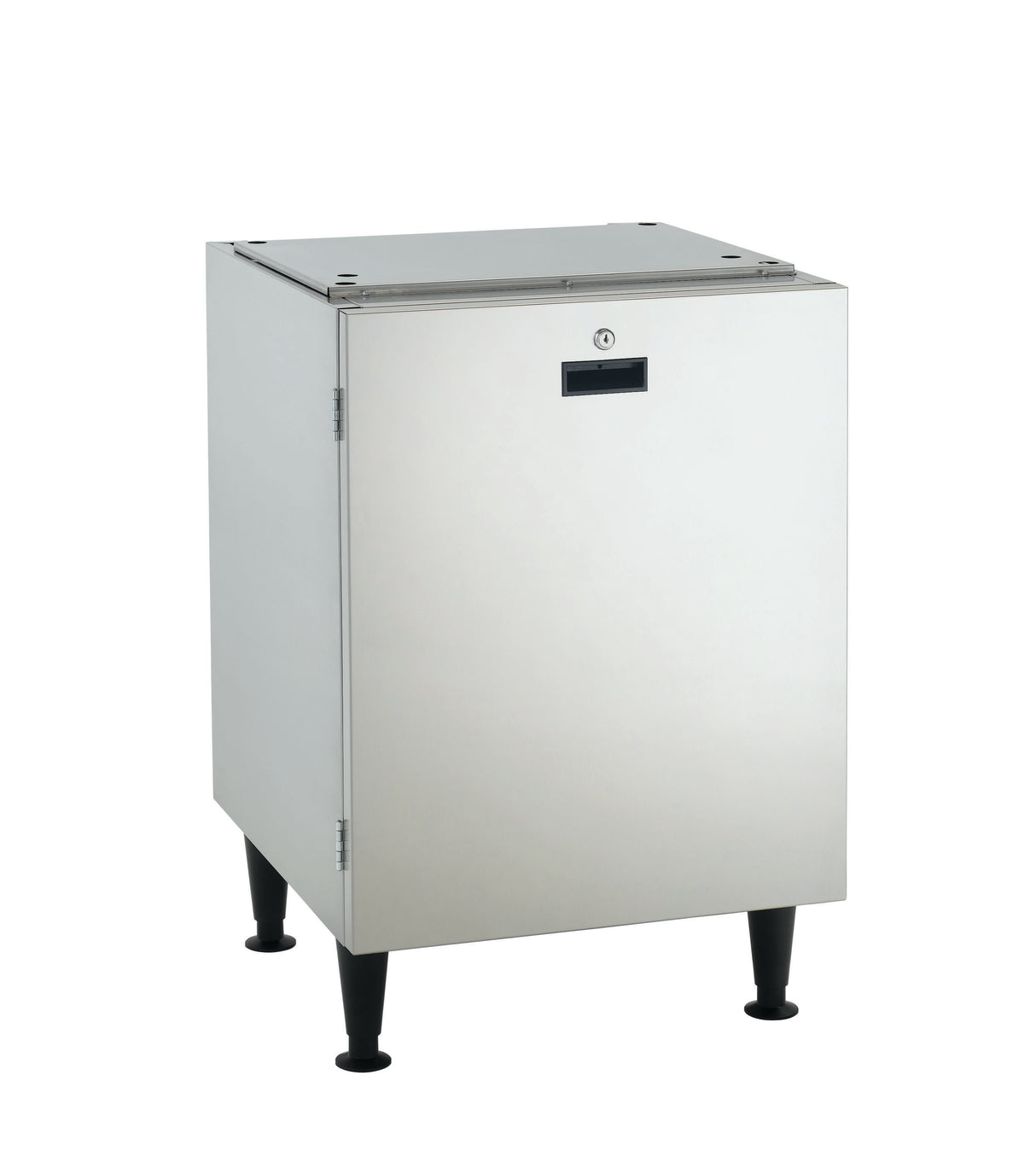 A stainless steel rectangular cabinet with a hinged door, black rectangular handle, and lock on the front. Standing on four black legs like a machine stand, this HID540 model has an industrial style and is photographed against a white background.