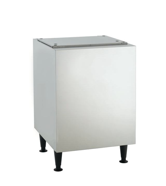 A stainless steel rectangular kitchen base cabinet serves as a machine stand, perfect for supporting units like the Scotsman HID525. Four black adjustable legs and a flat top enhance its modern, minimalist design against the plain white background.