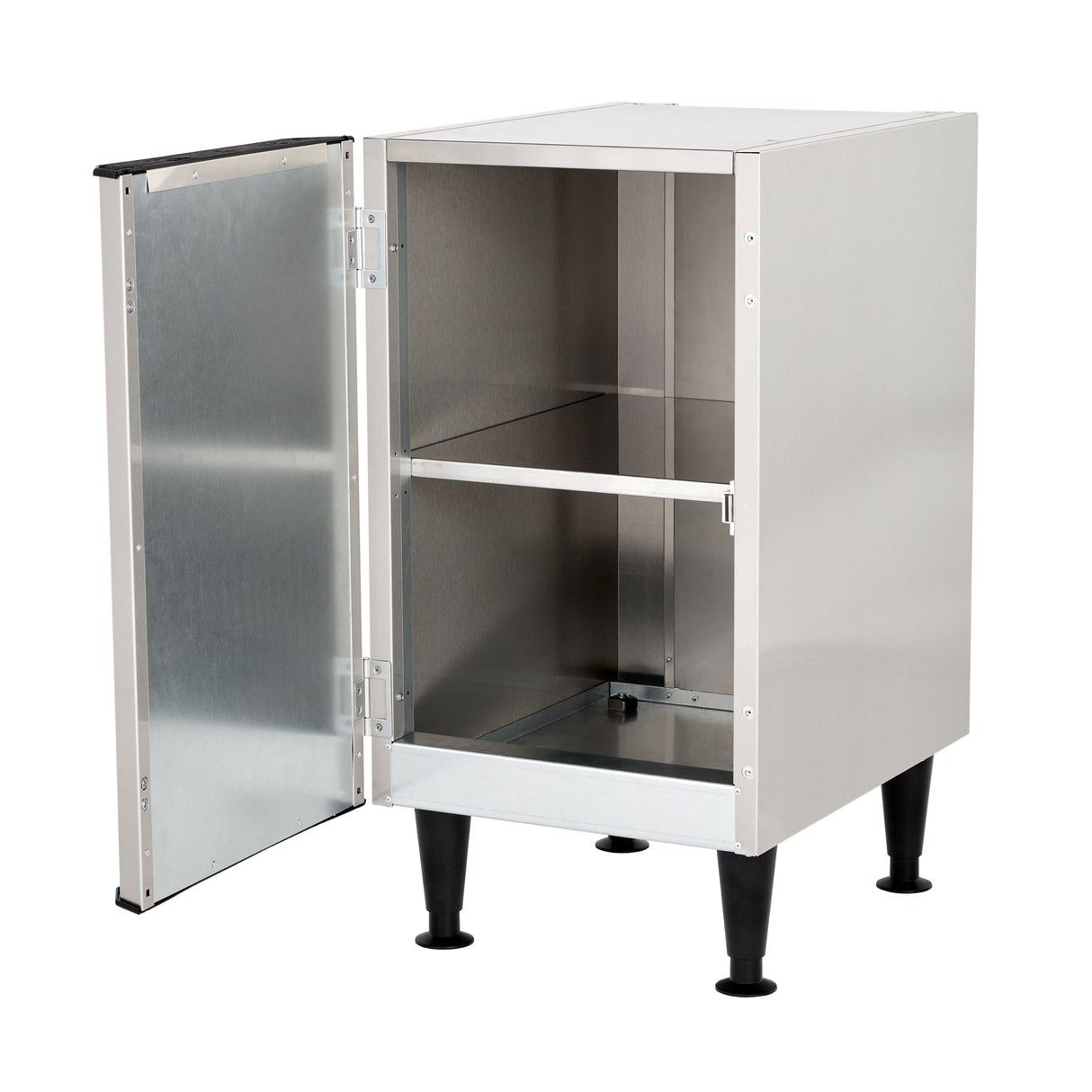 A stainless steel cabinet stands on four black legs with an adjustable interior storage shelf. Its single door is open, revealing an empty, industrial-style Machine stand against a white background.