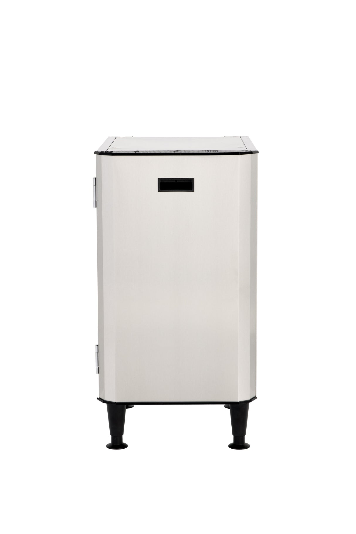 A stainless steel, box-shaped appliance with a front-facing slot, a hinged door on the left side, four black adjustable legs, and an interior storage shelf, photographed against a plain white background.