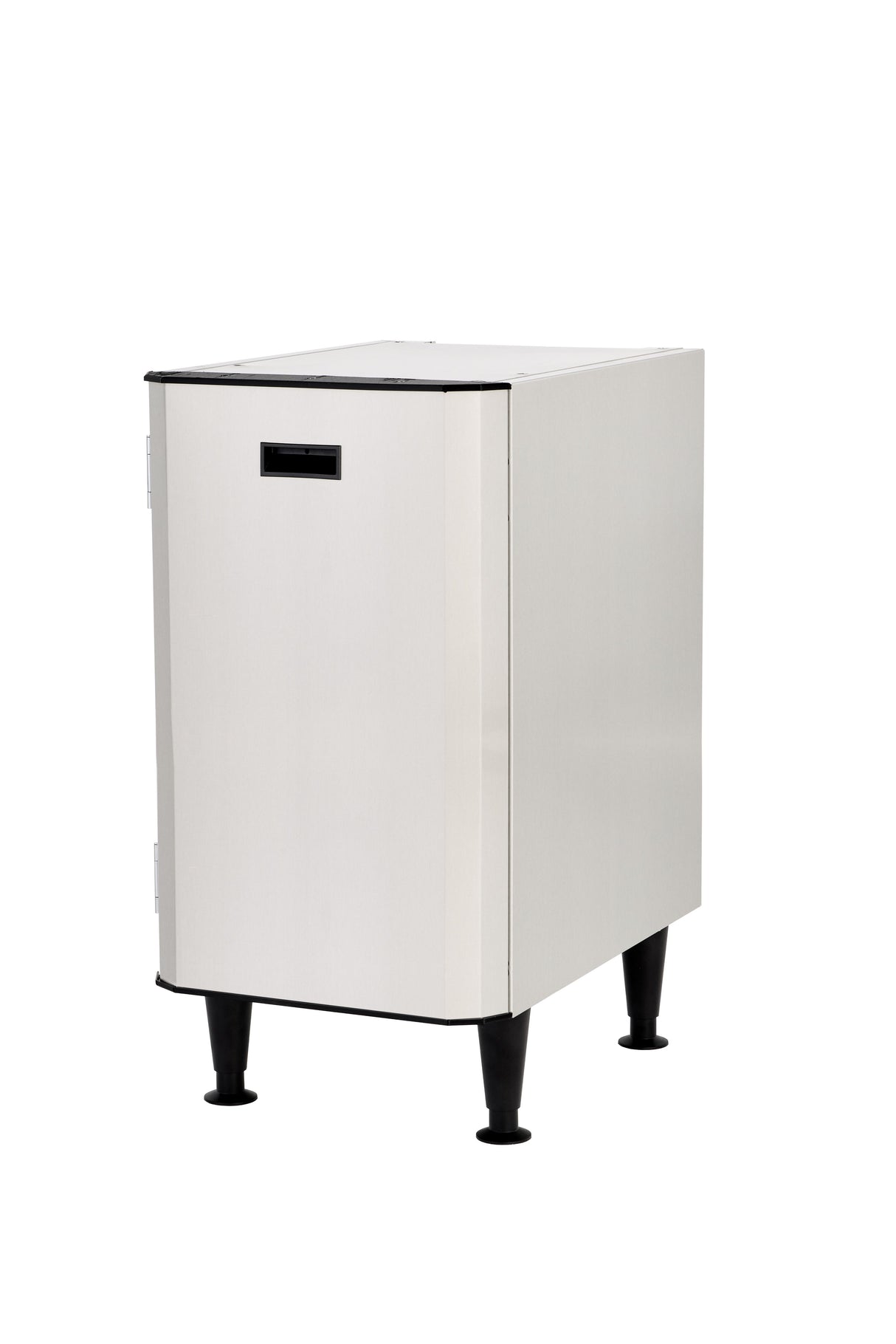 A stainless steel, rectangular commercial kitchen appliance with a single front door, black handle slot, and four adjustable legs. The unit features smooth sides, a minimalist design, and is set against a white background.
