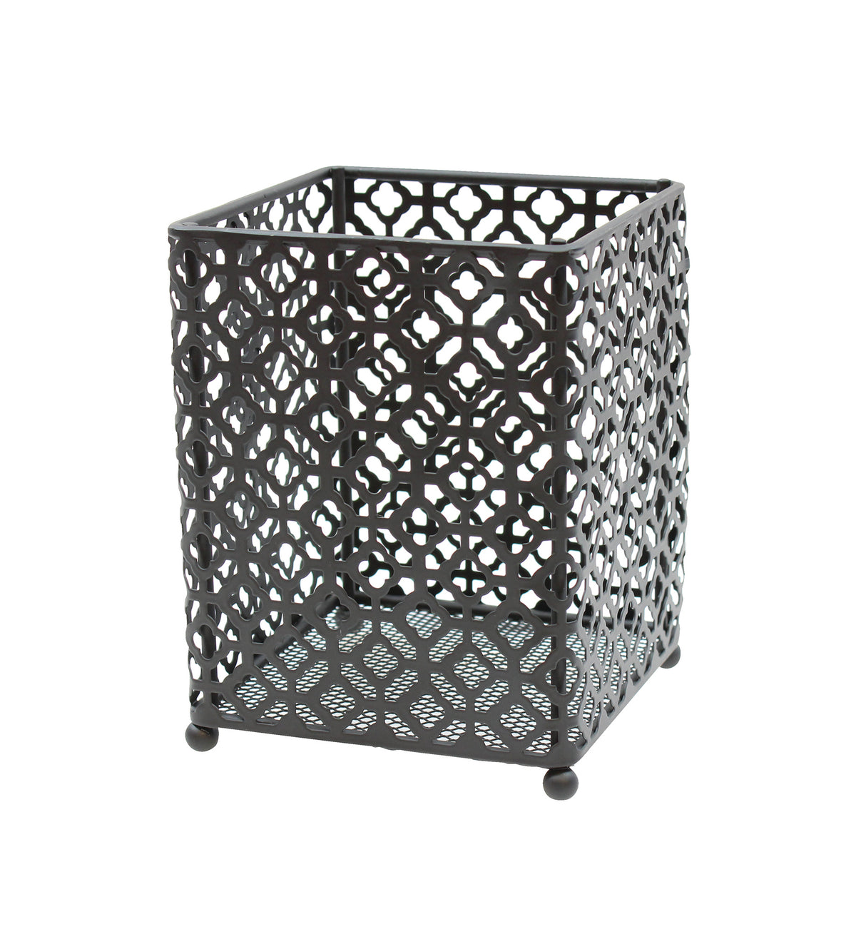 A black powder coated, square metal cutlery holder with intricate lattice-style geometric patterns on all sides. Part of a farmhouse collection, it stands on four small round feet and is photographed empty against a white background.