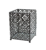 A black powder coated, square metal cutlery holder with intricate lattice-style geometric patterns on all sides. Part of a farmhouse collection, it stands on four small round feet and is photographed empty against a white background.