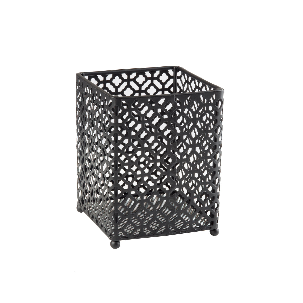 A black powder coated metal square pencil holder featuring an intricate geometric lattice pattern on all sides, standing on four small round feet, shown against a plain white background.
