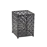 A black powder coated metal square pencil holder featuring an intricate geometric lattice pattern on all sides, standing on four small round feet, shown against a plain white background.