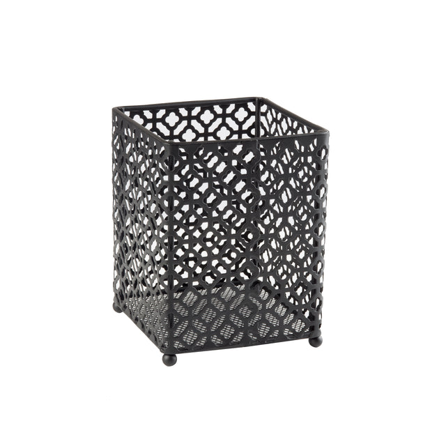 A black powder coated metal square pencil holder featuring an intricate geometric lattice pattern on all sides, standing on four small round feet, shown against a plain white background.