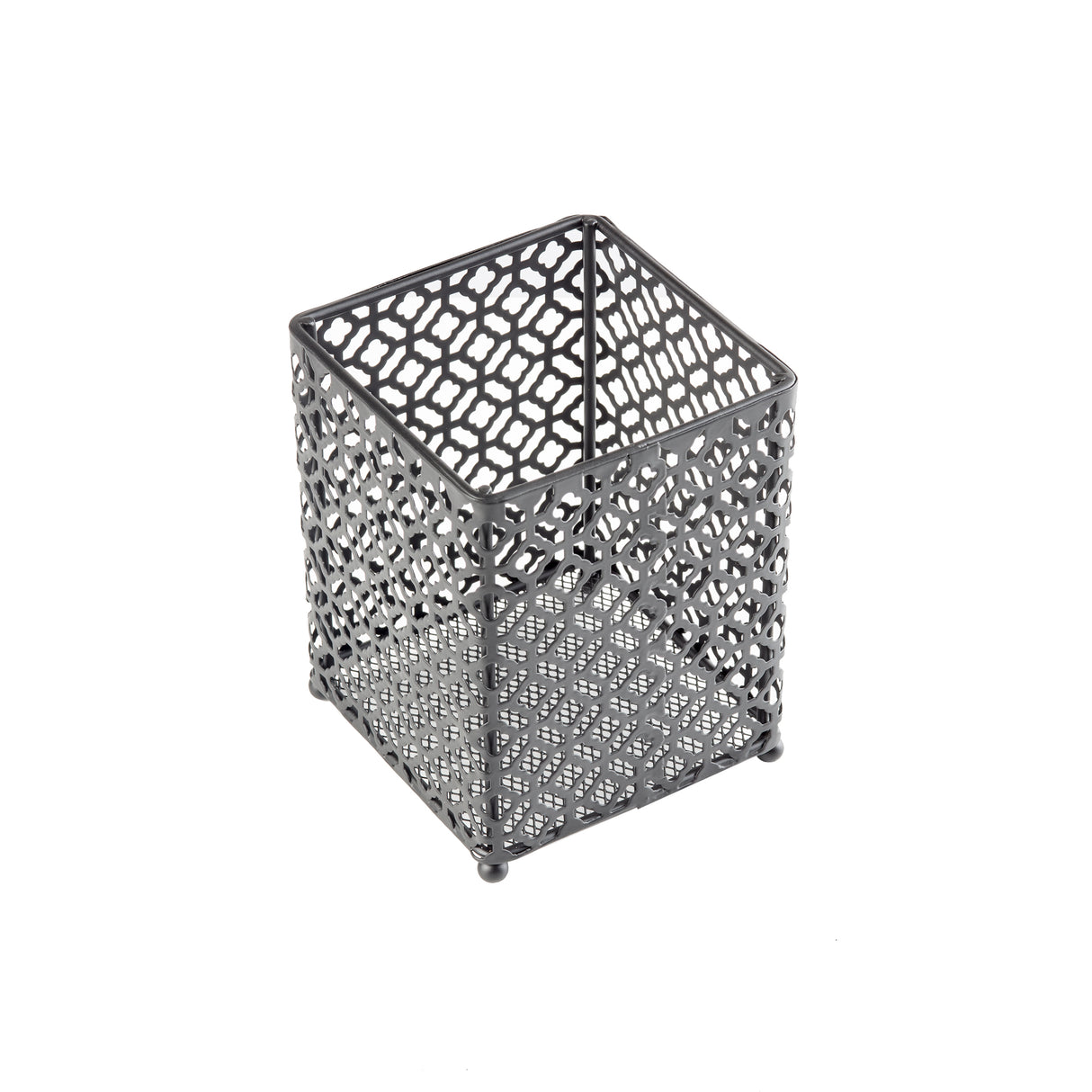 A black powder coated, square metal pen holder with an intricate geometric cutout pattern on all sides. It stands on four small round feet and has an open top, perfect for organizing pens or as a cutlery holder from the farmhouse collection. Background is plain white.