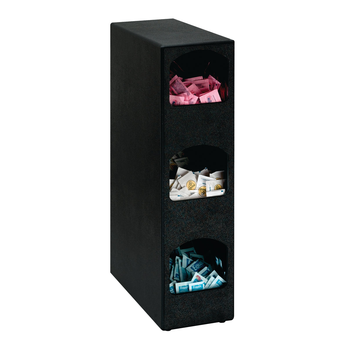 A black, three-tiered Dispense-Rite packeted condiment organizer holds sugar packets. The top slot contains pink packets, the middle has white and yellow packets, and the bottom has blue packets. This condiment organizer stands upright and is rectangular.
