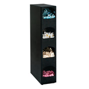 A tall, rectangular black Dispense-Rite packeted condiment organizer holds four compartments of packets—blue on top, then white, brown, and red below. Each compartment is open at the front for easy access to your favorite condiments.