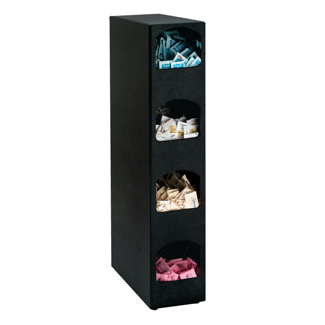 A tall, rectangular black Dispense-Rite packeted condiment organizer holds four compartments of packets—blue on top, then white, brown, and red below. Each compartment is open at the front for easy access to your favorite condiments.