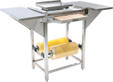 A Hobart commercial stainless steel Hand Wrap Station with a 20 film capacity features two rolls of yellow plastic film, a central sealing area, flat side trays, a cutting edge, and adjustable components for efficient food packaging.