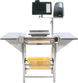 The Hobart Hand Wrap Station features 20 film capacity, two side tables, a digital scale with display screen, a back-mounted label printer, and two large rolls of yellow plastic wrap stored beneath the stainless steel central table.