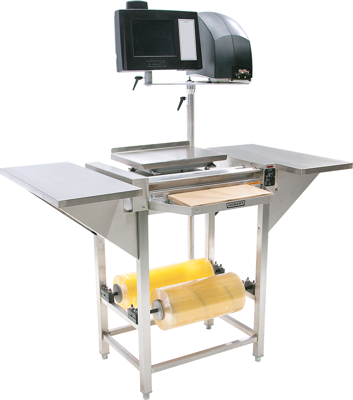 The Hobart Hand Wrap Station features a 20 film capacity, digital scale, touchscreen display, stainless steel surfaces, and storage for two large rolls of wrap—perfect for efficient commercial food packaging.
