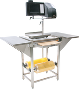 The Hobart Hand Wrap Station features a 20 film capacity, digital scale, touchscreen display, stainless steel surfaces, and storage for two large rolls of wrap—perfect for efficient commercial food packaging.