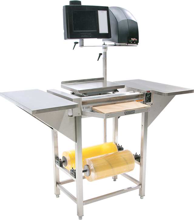 The Hobart Hand Wrap Station features a 20 film capacity, digital scale, touchscreen display, stainless steel surfaces, and storage for two large rolls of wrap—perfect for efficient commercial food packaging.