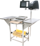 The Hobart Hand Wrap Station features a 20 film capacity, two yellow rolls of plastic wrap, a stainless steel work surface, extended side tables, and an overhead touchscreen control panel for efficient commercial food wrapping.