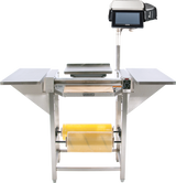 A Hobart Hand Wrap Station with 20 film capacity features stainless steel construction, side shelves, a yellow plastic wrap roll at the base, heated central platform, and an elevated arm with touchscreen scale and label printer. Plain white background.