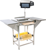 The Hobart Hand Wrap Station features a 20 film capacity, stainless steel build, digital scale, and touchscreen display. Two large rolls of clear plastic wrap are mounted below, with side shelves and a heated center plate for sealing packages.