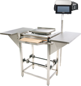 A stainless steel Hobart commercial dough sheeter with two side trays, a central conveyor belt, adjustable rollers underneath, and a digital control panel mounted on a stand to the right. Ideal for processing dough in bakeries.