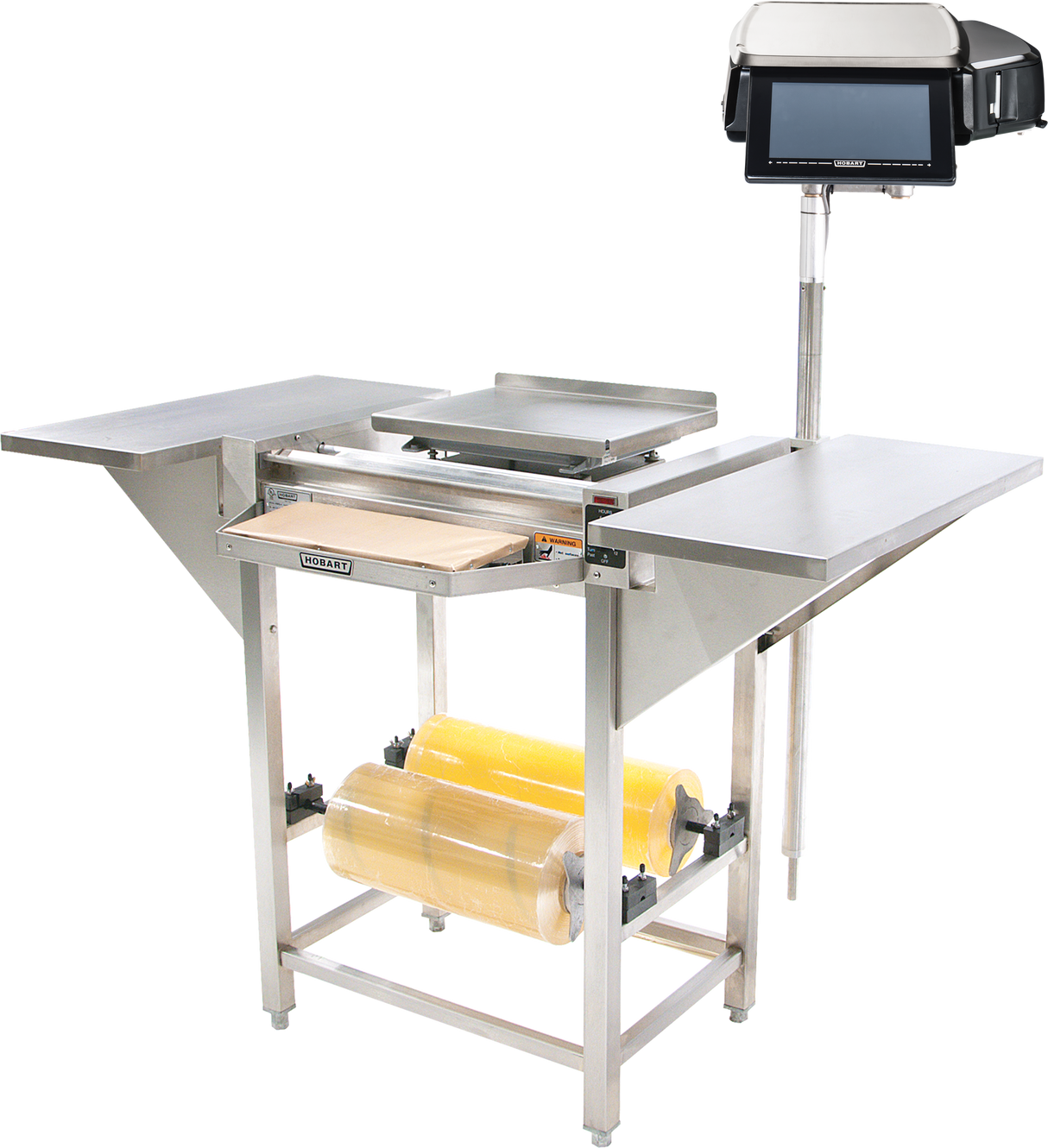 A Hobart Hand Wrap Station features a stainless steel food prep area with a digital scale and screen, two side trays, a central flat workspace, and two large rolls of 20 film capacity yellow shrink wrap stored on the rack underneath.