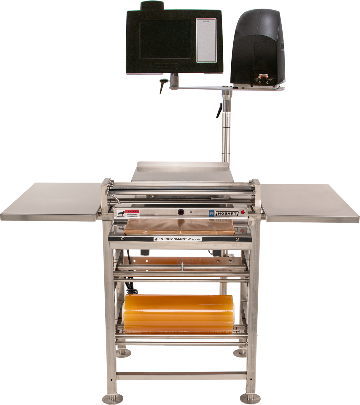 A stainless steel Energy Smart Hand Wrap Station with side trays, an overhead digital control screen, a black printer on the right, a heated seal plate, and two rolls of yellow plastic wrap stored on a rack below the main workspace.