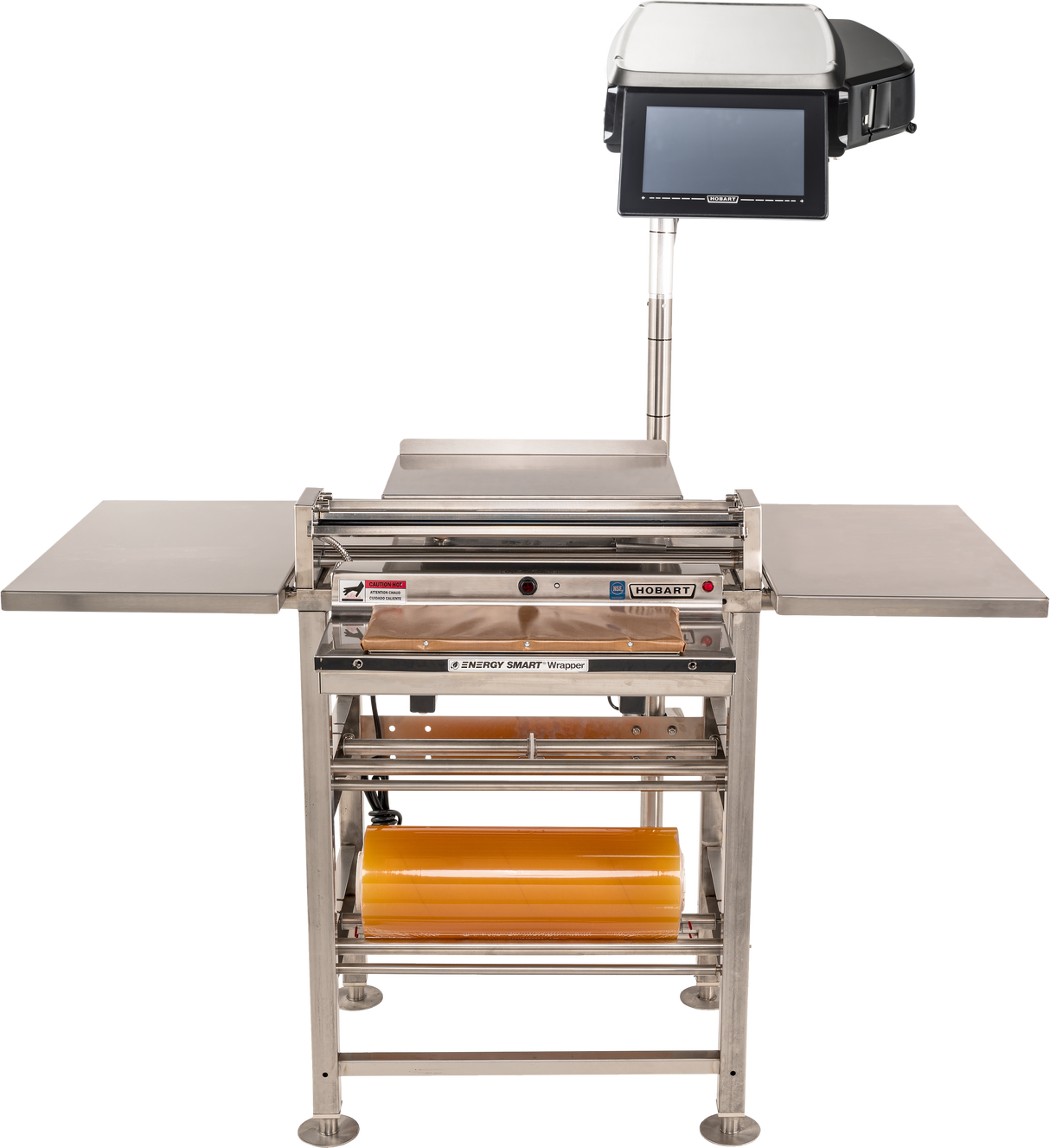 An Energy Smart Hand Wrap Station with roll film capacity features two side trays, a heated seal plate, an orange film roll on a lower rack, a flat working surface, and a touchscreen display mounted above. The background is plain white.