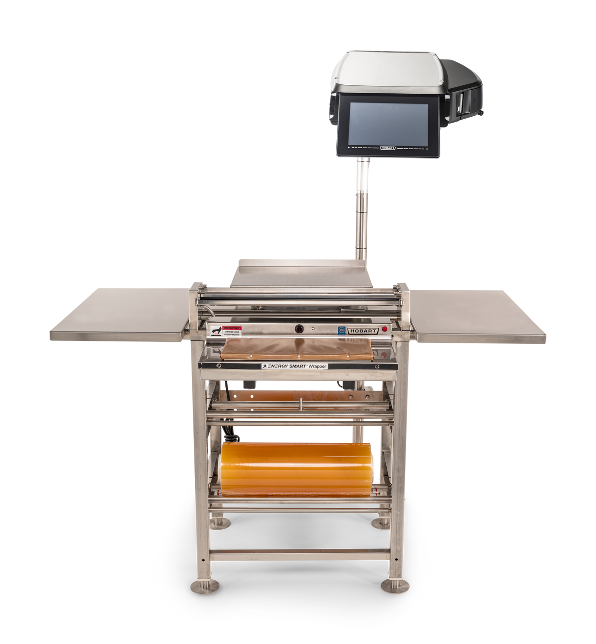 A stainless steel Energy Smart Hand Wrap Station features a tray sealer with heated seal plate, two side shelves, a touchscreen monitor above, and yellow roll film capacity below. The equipment stands on adjustable feet against a white background.