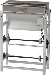 A stainless steel packaging machine with a control panel on the right side, featuring buttons and indicator lights. Includes a wrap station and two horizontal metal bars with adjustable discs, supported by a rectangular frame. Power cord visible on the right.