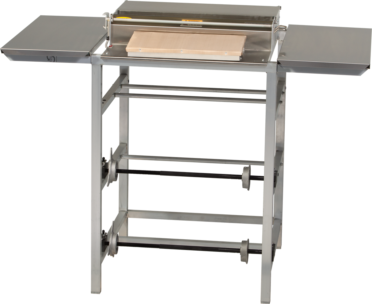 A stainless steel dough sheeter with a flat wooden conveyor and two foldable side trays, the Hobart W32C-5 features visible rods and rollers underneath, making it ideal for evenly rolling out dough in bakeries, kitchens, or a wrap station.