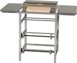 A stainless steel dough sheeter with a flat wooden conveyor and two foldable side trays, the Hobart W32C-5 features visible rods and rollers underneath, making it ideal for evenly rolling out dough in bakeries, kitchens, or a wrap station.