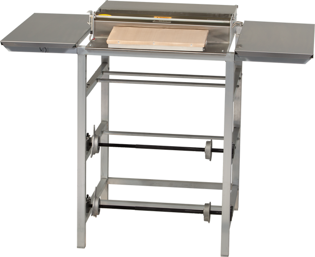 A stainless steel dough sheeter with a flat wooden conveyor and two foldable side trays, the Hobart W32C-5 features visible rods and rollers underneath, making it ideal for evenly rolling out dough in bakeries, kitchens, or a wrap station.