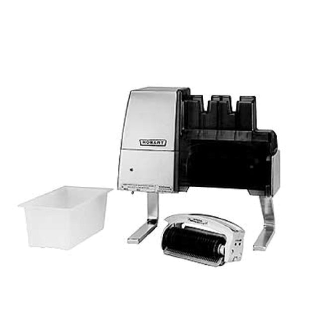 A stainless steel Hobart 403-16 commercial meat tenderizer machine with a black section, standing on two legs. To the left is a rectangular white plastic bin, and in front is a removable tenderizer blade assembly. US export configuration shown.