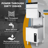 Commercial dishwasher image with bold text: Power Through Dirty Dishes. Features icons: high throughput (51 racks/hr), water efficient (.86 gal/rack), and ENERGY STAR recirculating design. Open, stainless steel Centerline Dishwasher with control panel.