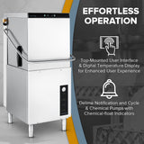 A Centerline Dishwasher with top-mounted controls is shown. Beside it, text reads: EFFORTLESS OPERATION. ENERGY STAR certified for efficiency, featuring chemical sanitizing, digital temperature display, and chemical-float indicators.