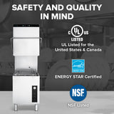 Commercial Centerline Dishwasher with open door stands in foreground. Overlay text reads “Safety and Quality in Mind”; features ENERGY STAR Certified, UL Listed, and NSF Listed logos. Clean plates sit in dish racks inside a commercial kitchen, highlighting chemical sanitizing.
