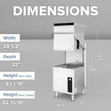 A Centerline Dishwasher with a lift-up door is shown against a gray background. Featuring ENERGY STAR efficiency, its dimensions are: width 28 1/2, depth 32, height with door closed 62 15/16, and open 82 1/16. Measurement lines indicate size.