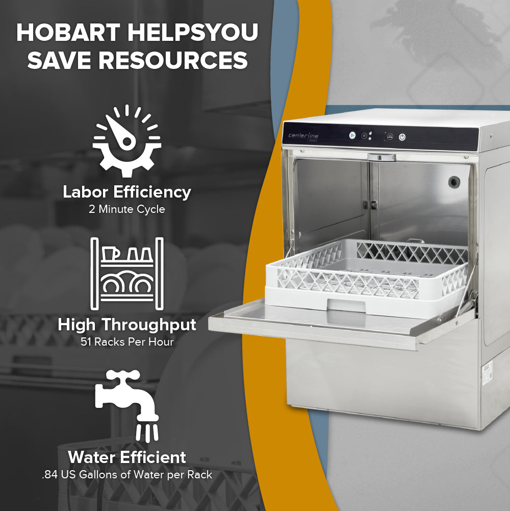 Infographic showing an open commercial undercounter dishwasher with text: Hobart helps you save resources. Icons and text highlight features: Labor Efficiency—2 minute cycle, ENERGY STAR High Throughput—51 racks per hour, and high temperature sanitizing.