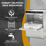 Infographic showing an open commercial undercounter dishwasher with text: Hobart helps you save resources. Icons and text highlight features: Labor Efficiency—2 minute cycle, ENERGY STAR High Throughput—51 racks per hour, and high temperature sanitizing.