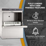 A commercial undercounter dishwasher with its door open, showing a white rack inside. To the right, text reads: Fully loaded with user friendly features, high temperature sanitizing at 180°F final rinse, ENERGY STAR efficiency, and delime notification.