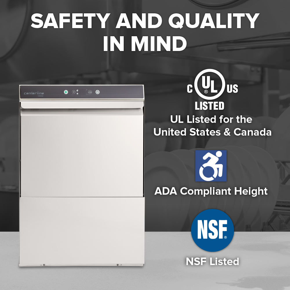 A commercial undercounter dishwasher with a digital control panel is shown. Text reads: SAFETY AND QUALITY IN MIND. Certifications are displayed: UL Listed, ADA Compliant Height, ENERGY STAR, and NSF Listed. Dish racks with clean dishes in background.