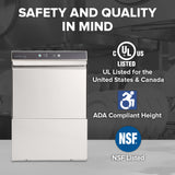 A commercial undercounter dishwasher with a digital control panel is shown. Text reads: SAFETY AND QUALITY IN MIND. Certifications are displayed: UL Listed, ADA Compliant Height, ENERGY STAR, and NSF Listed. Dish racks with clean dishes in background.