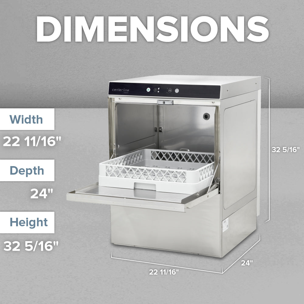 A compact stainless steel undercounter dishwasher with a pull-out rack is open on a gray surface. Large white text reads “DIMENSIONS.” Blue and white labels and arrows show its ENERGY STAR efficiency along with Width 22 11/16, Depth 24, Height 32 5/16.