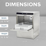 A compact stainless steel undercounter dishwasher with a pull-out rack is open on a gray surface. Large white text reads “DIMENSIONS.” Blue and white labels and arrows show its ENERGY STAR efficiency along with Width 22 11/16, Depth 24, Height 32 5/16.