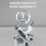 A Hobart Edge Series Slicer with a 12 carbon steel knife sits on a gray surface. Above, bold white text reads “ADDED PEACE OF MIND WARRANTY,” and below is a silver badge showing WARRANTY 1 YEAR LIMITED.